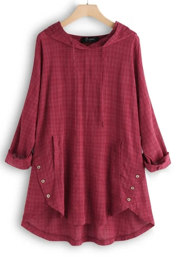 Solid Color Cambric Button Blouse with Hood