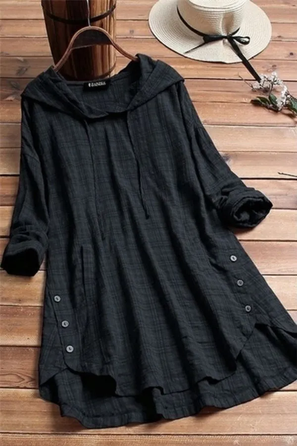 Solid Color Cambric Button Blouse with Hood