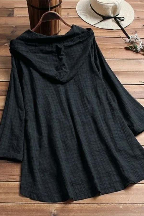 Solid Color Cambric Button Blouse with Hood