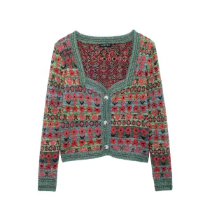 Square Neckline Print Cardigan Sweater