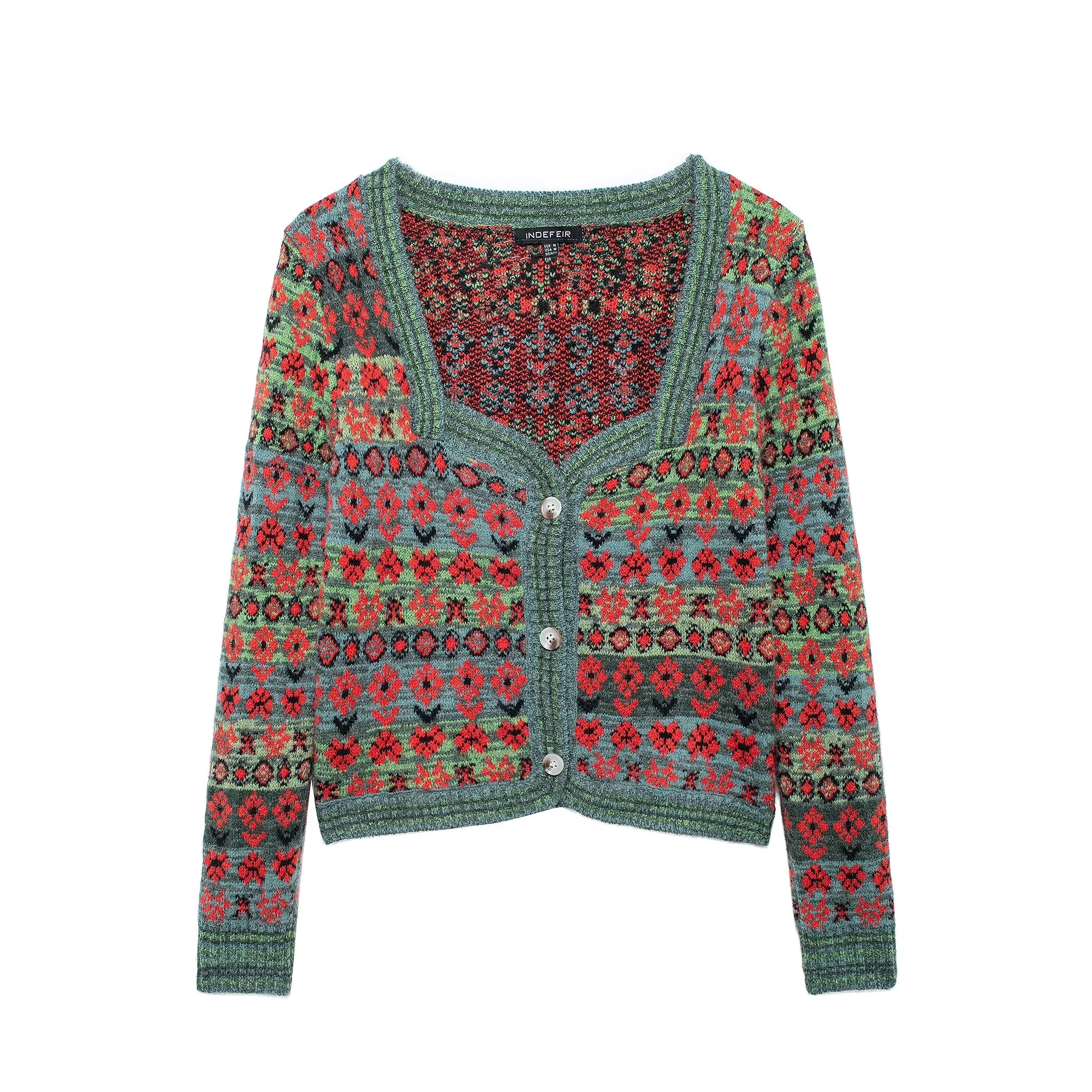Square Neckline Print Cardigan Sweater