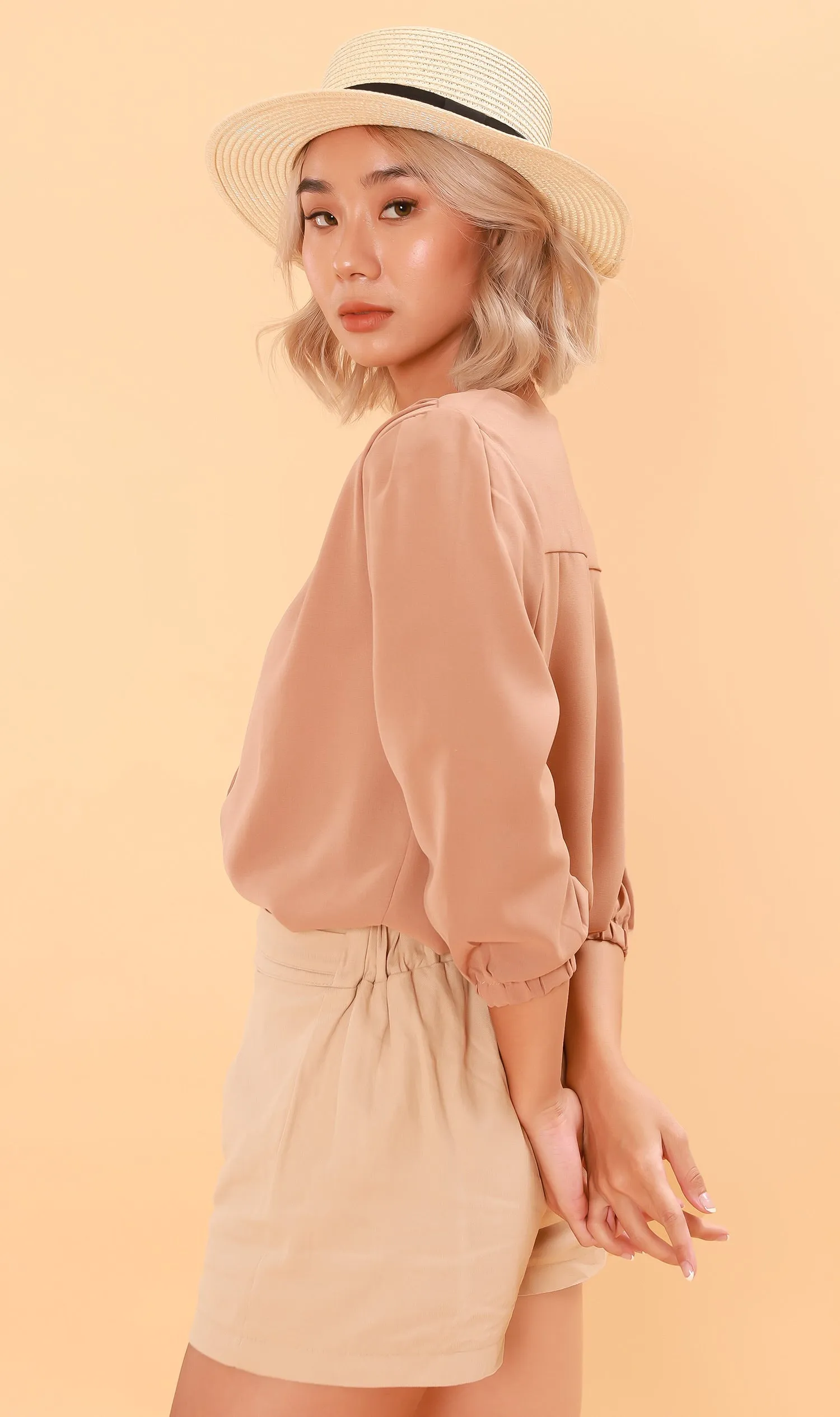 STELLA Button-Down Long-Sleeve Top (Nude)