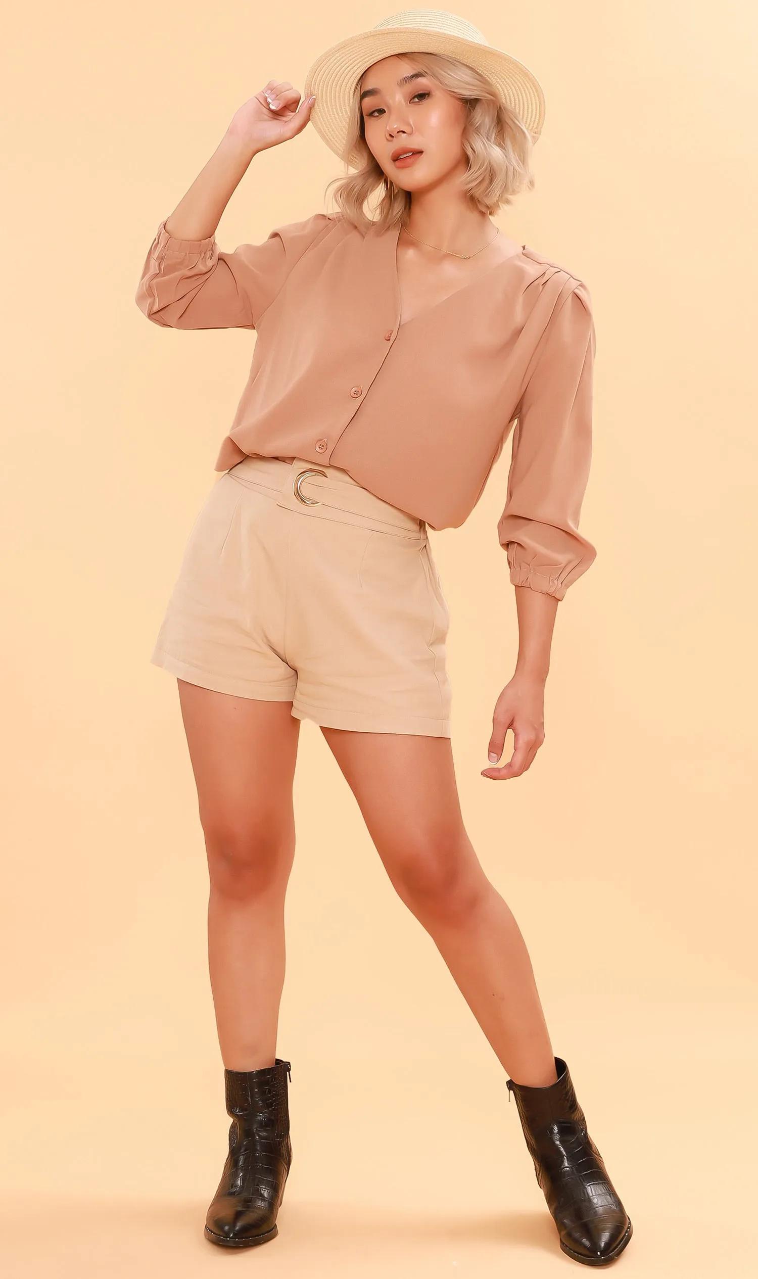 STELLA Button-Down Long-Sleeve Top (Nude)