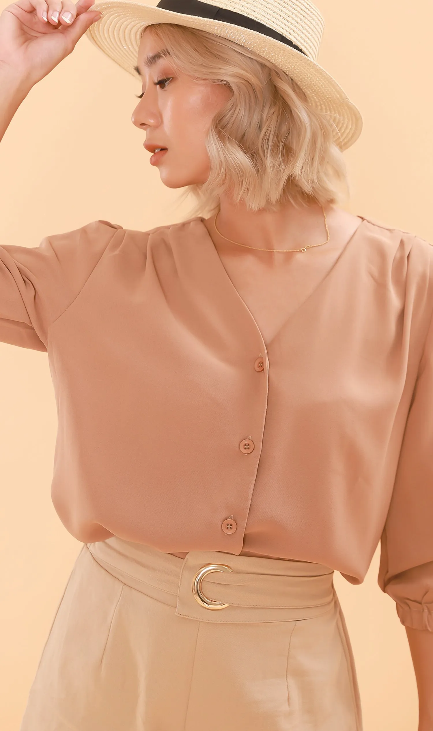STELLA Button-Down Long-Sleeve Top (Nude)