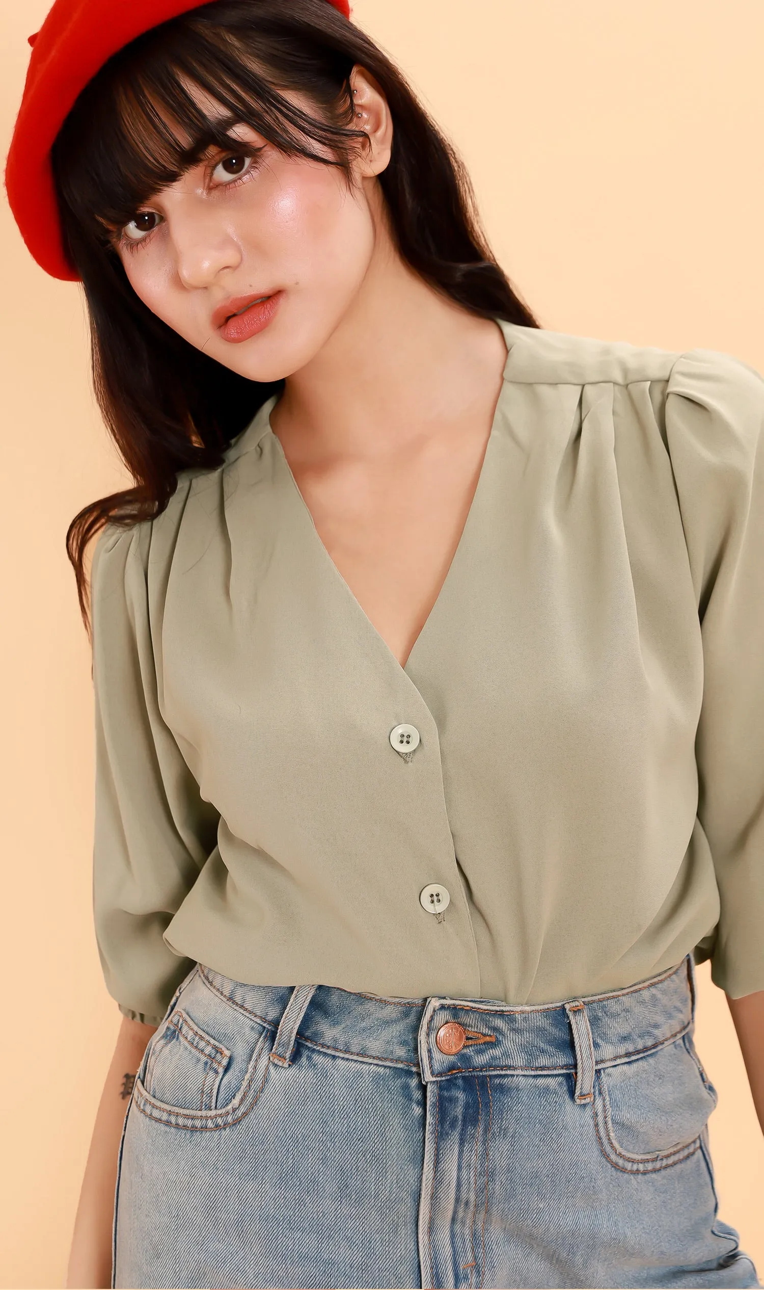 STELLA Button-Down Long-Sleeve Top (Sage)