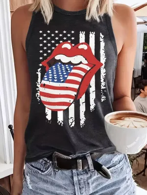 Stick Out Tongue USA Flag Print Crewneck Tank Top