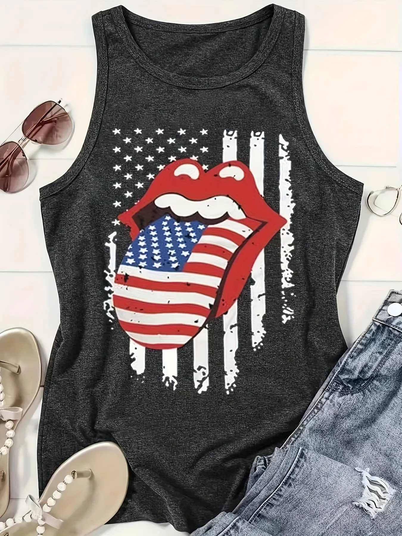 Stick Out Tongue USA Flag Print Crewneck Tank Top
