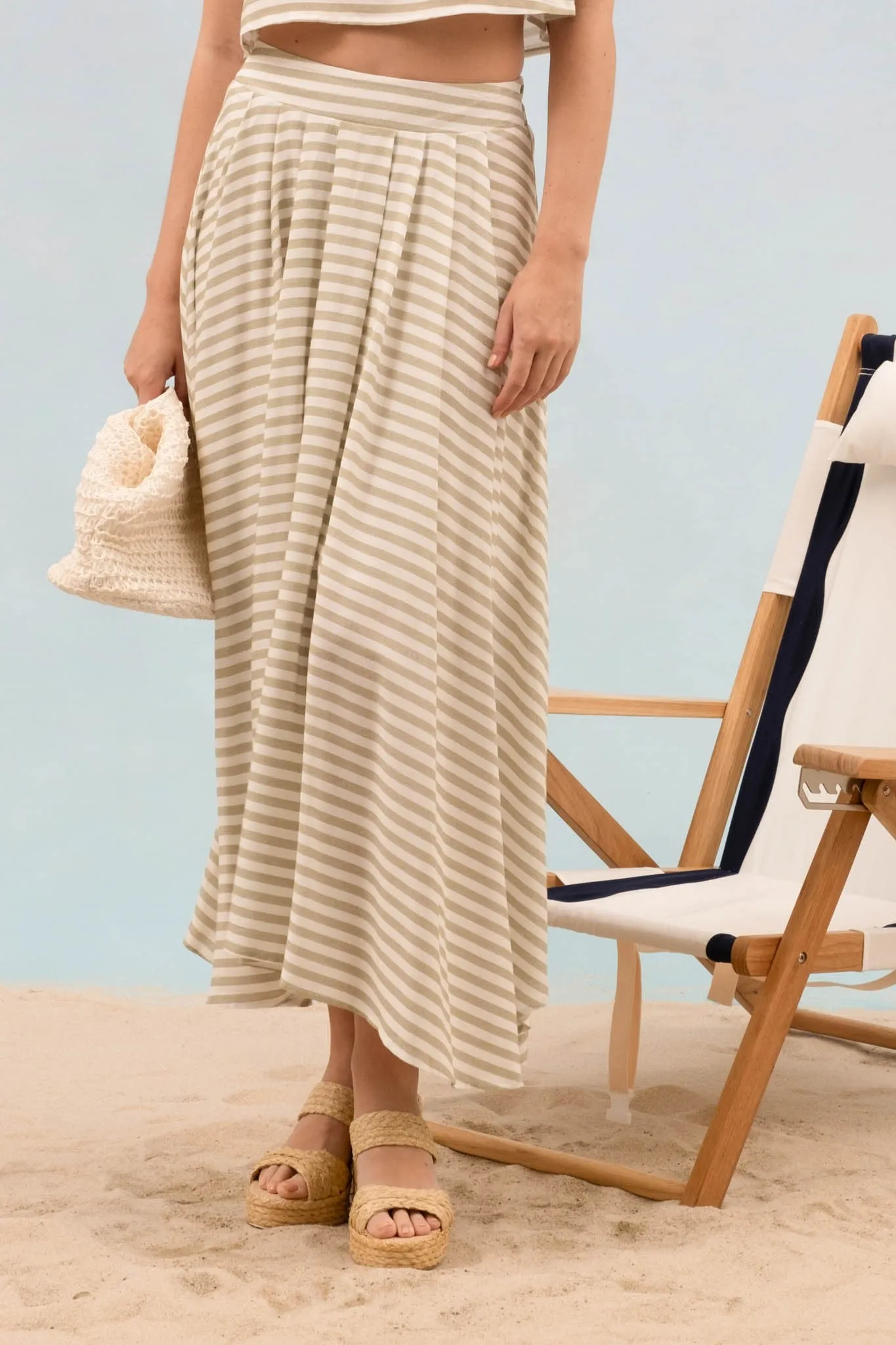 STRIPE HIGH WAIST PLEATED MIDI SKIRT