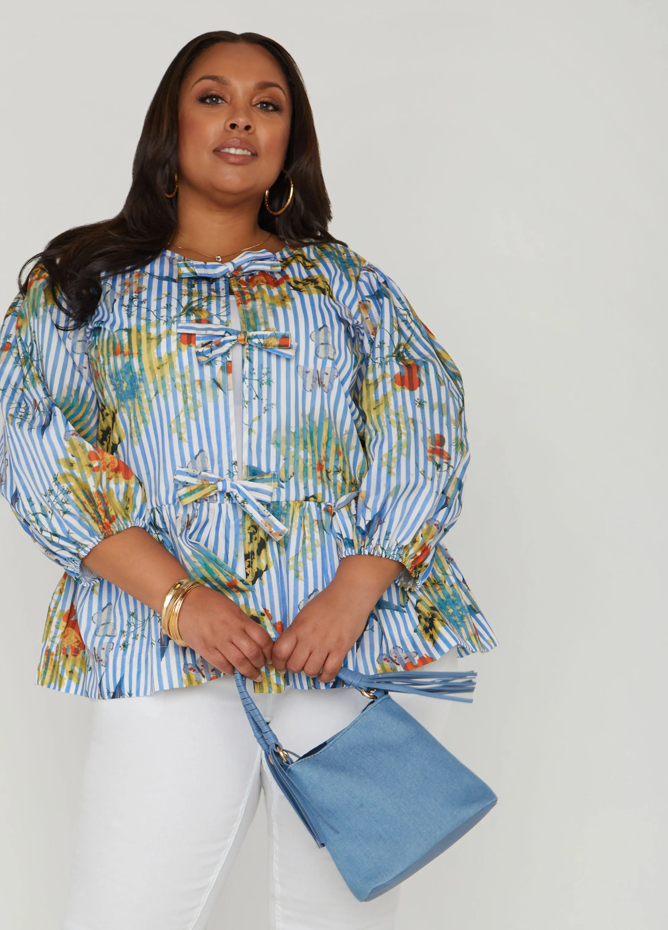 Striped And Floral Peplum Shirt