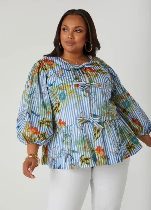 Striped And Floral Peplum Shirt