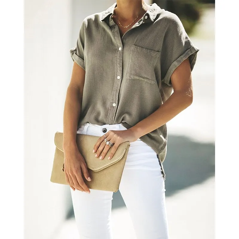 Summer Casual blouse women Turn-down Collar Short Sleeve pocket Loose Solid white blouse women