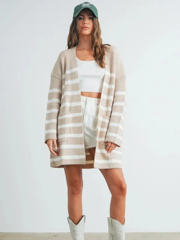 Taupe & Ivory Stripe Knitted Cardigan