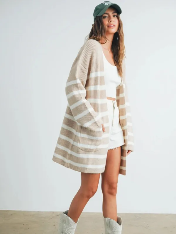 Taupe & Ivory Stripe Knitted Cardigan