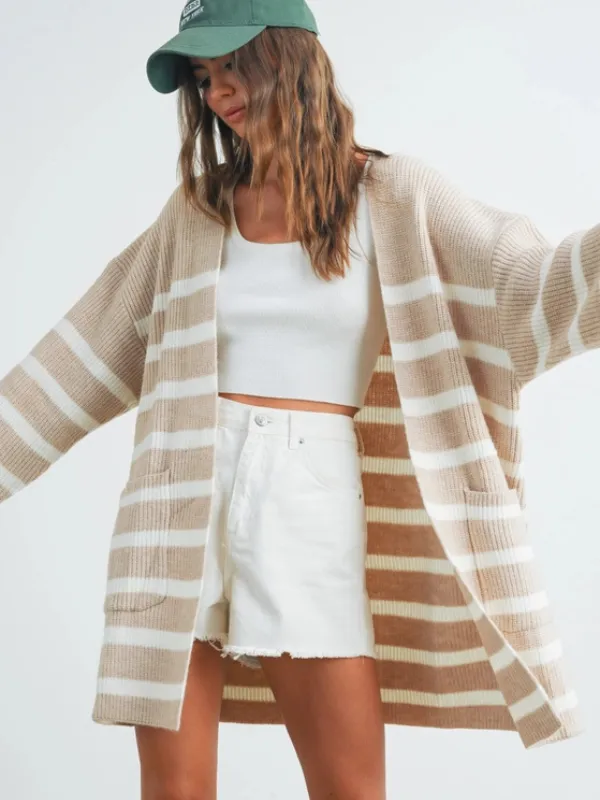 Taupe & Ivory Stripe Knitted Cardigan