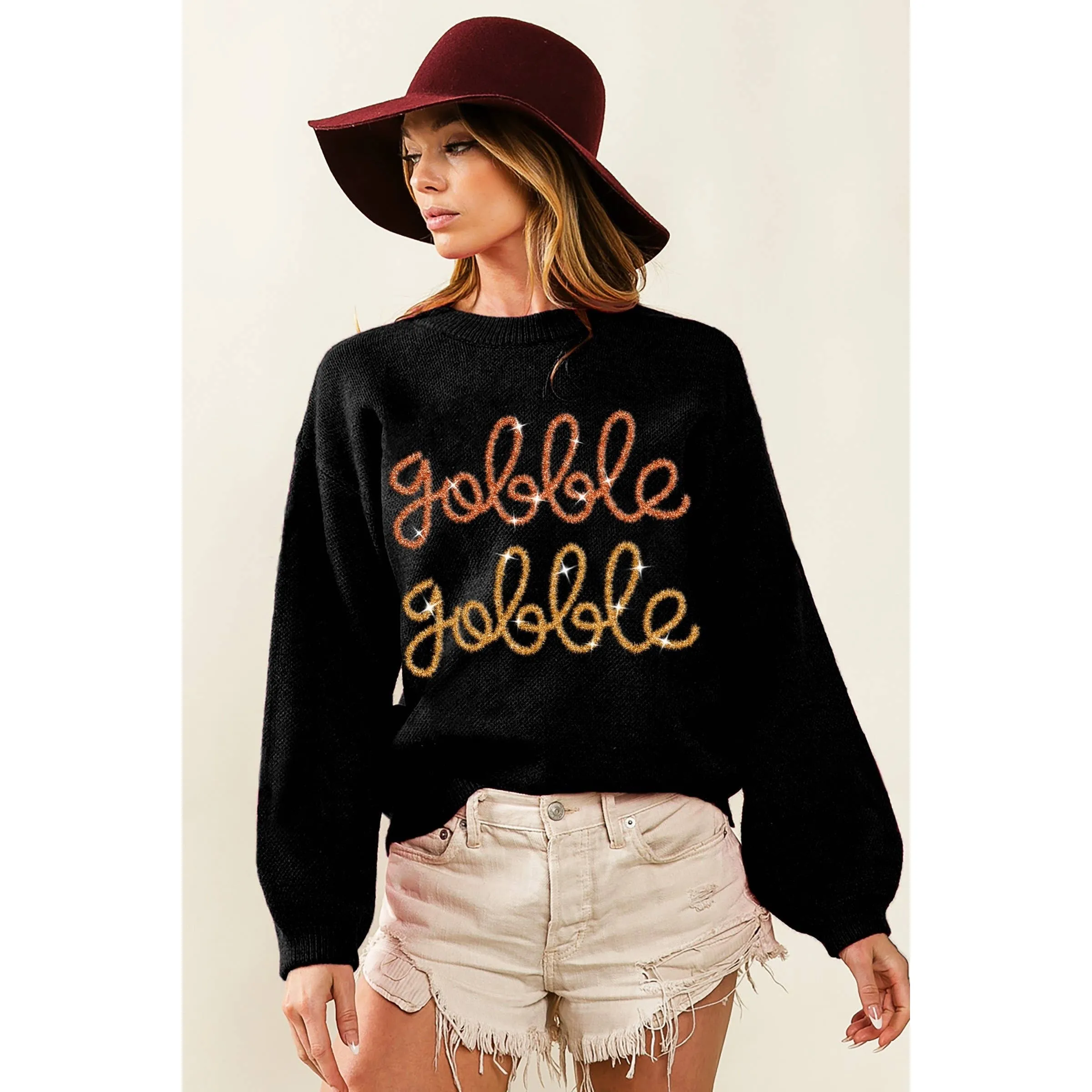THANKSGIVING GOBBLE GOBBLE TINSEL METALLIC LETTERING SWEATER