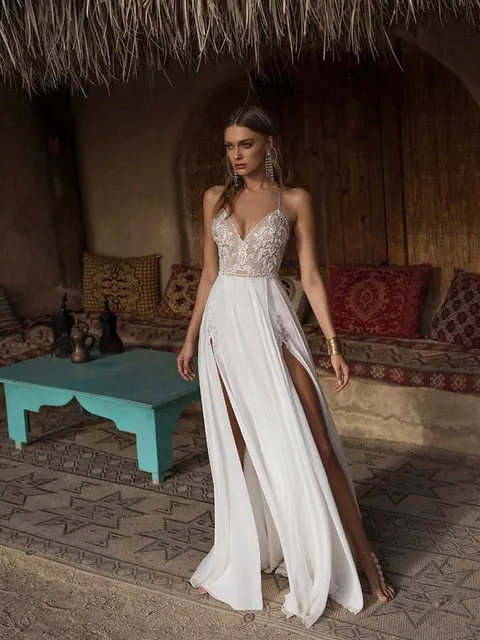 The Sales Rack-Bohemian Bridal Dress Sexy Side Slits Beach Wedding Dress V-Neck Spaghetti Straps
