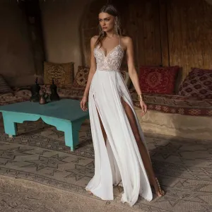 The Sales Rack-Bohemian Bridal Dress Sexy Side Slits Beach Wedding Dress V-Neck Spaghetti Straps