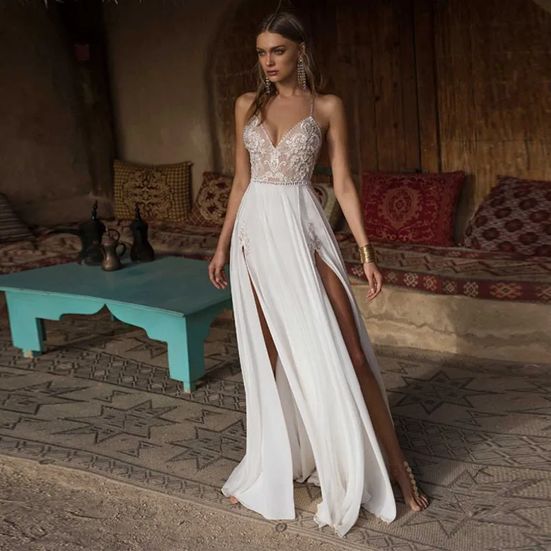 The Sales Rack-Bohemian Bridal Dress Sexy Side Slits Beach Wedding Dress V-Neck Spaghetti Straps