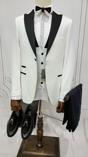 Three Pieces Tuxedo Suit with Contrasting Black Lapel, matching bow tie and Black Pants.