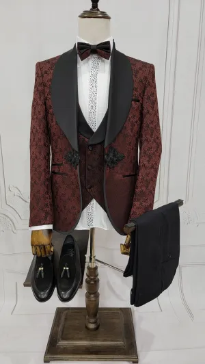Three Pieces Tuxedo Suit with Contrasting Black Satin Lapel, matching bow tie and Black Pants