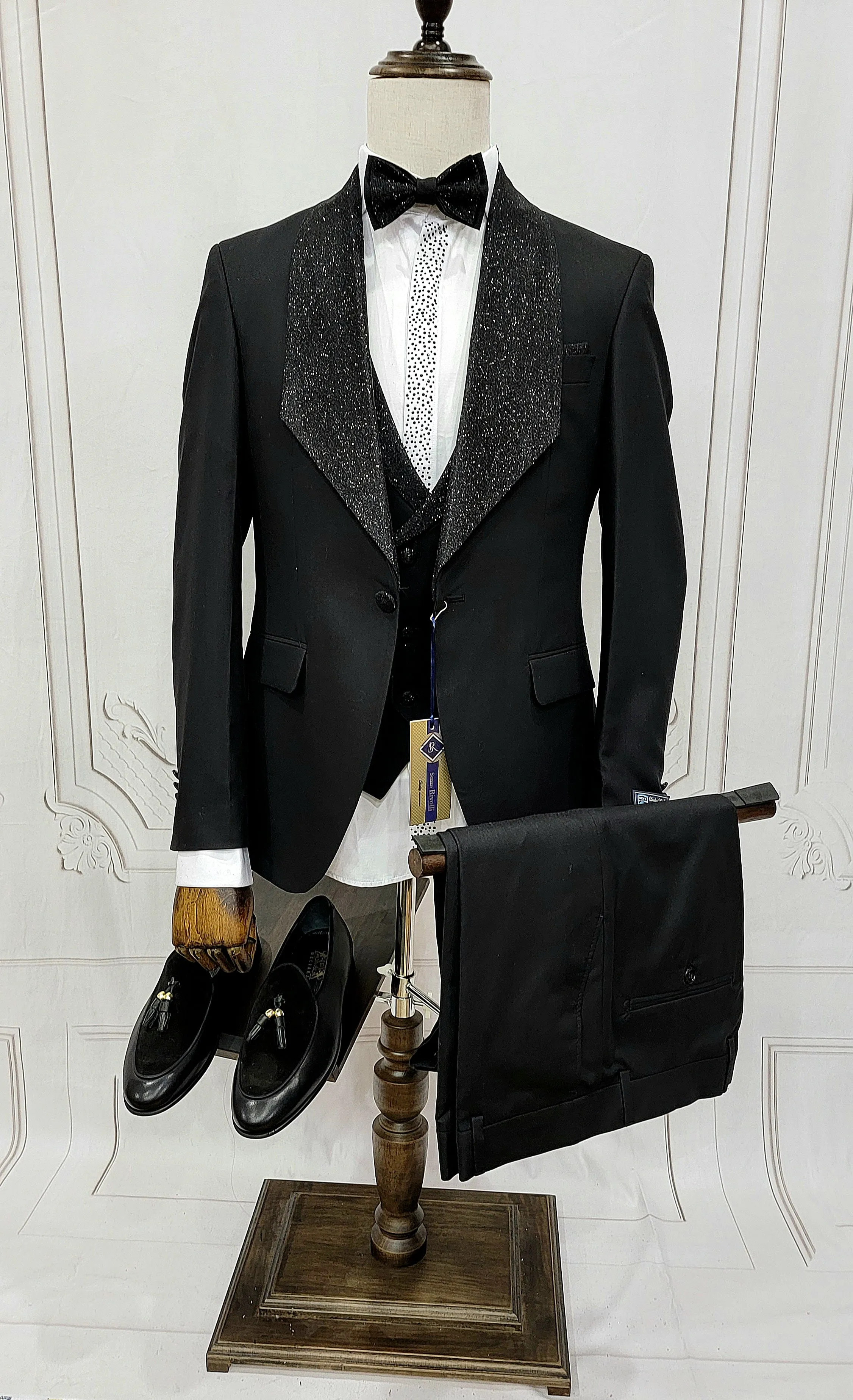 Three Pieces Tuxedo Suit with Contrasting shiny silver accent handmade sparkles, matching bow tie and Black Pants.