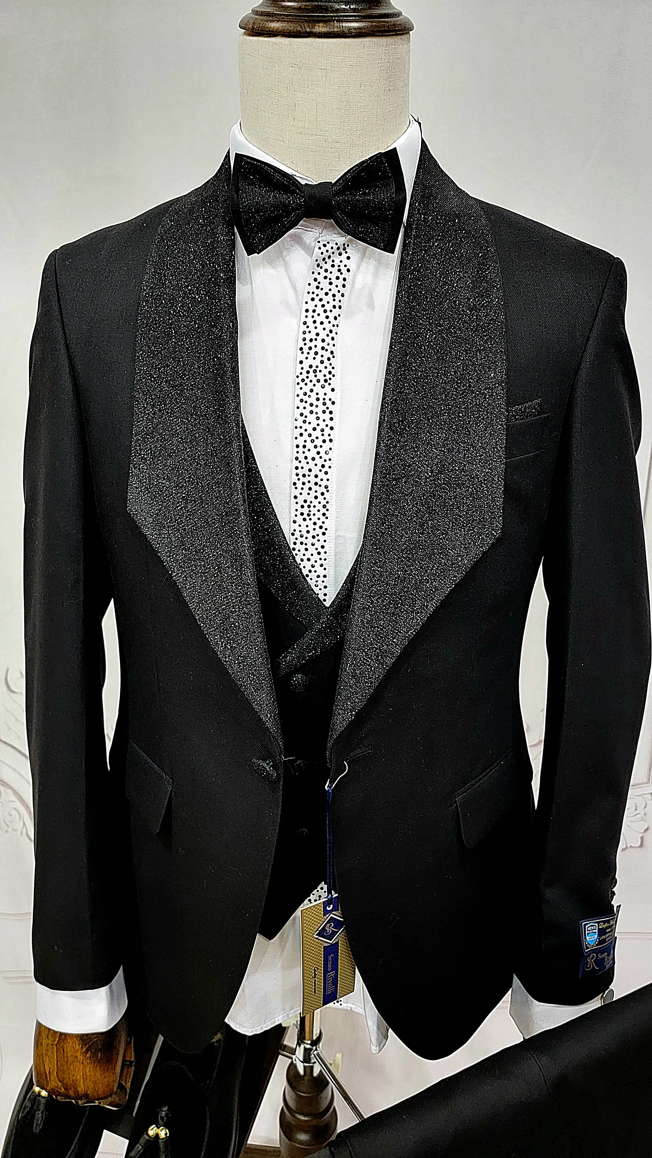 Three Pieces Tuxedo Suit with Contrasting shiny silver accent handmade sparkles, matching bow tie and Black Pants.