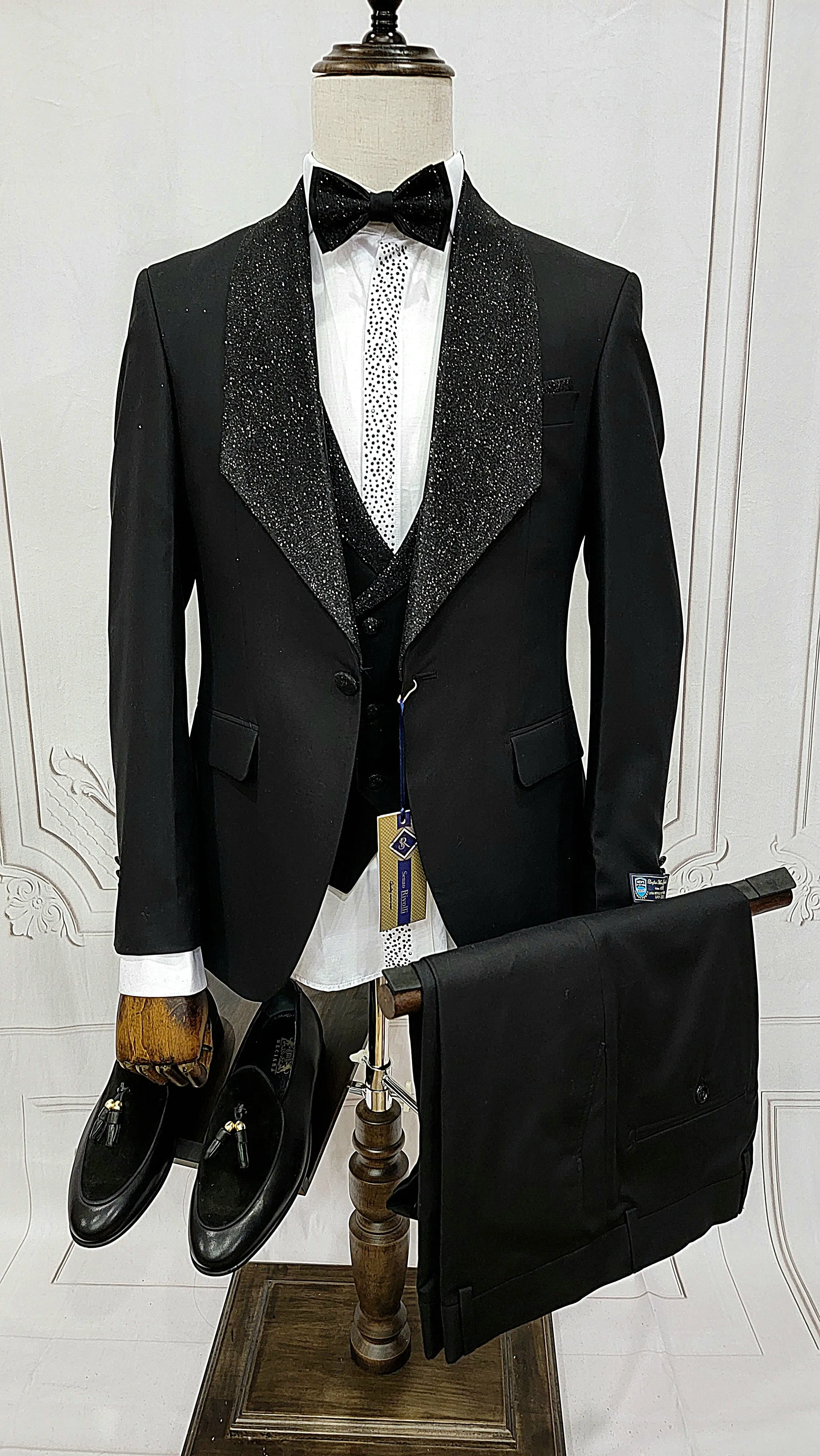 Three Pieces Tuxedo Suit with Contrasting shiny silver accent handmade sparkles, matching bow tie and Black Pants.