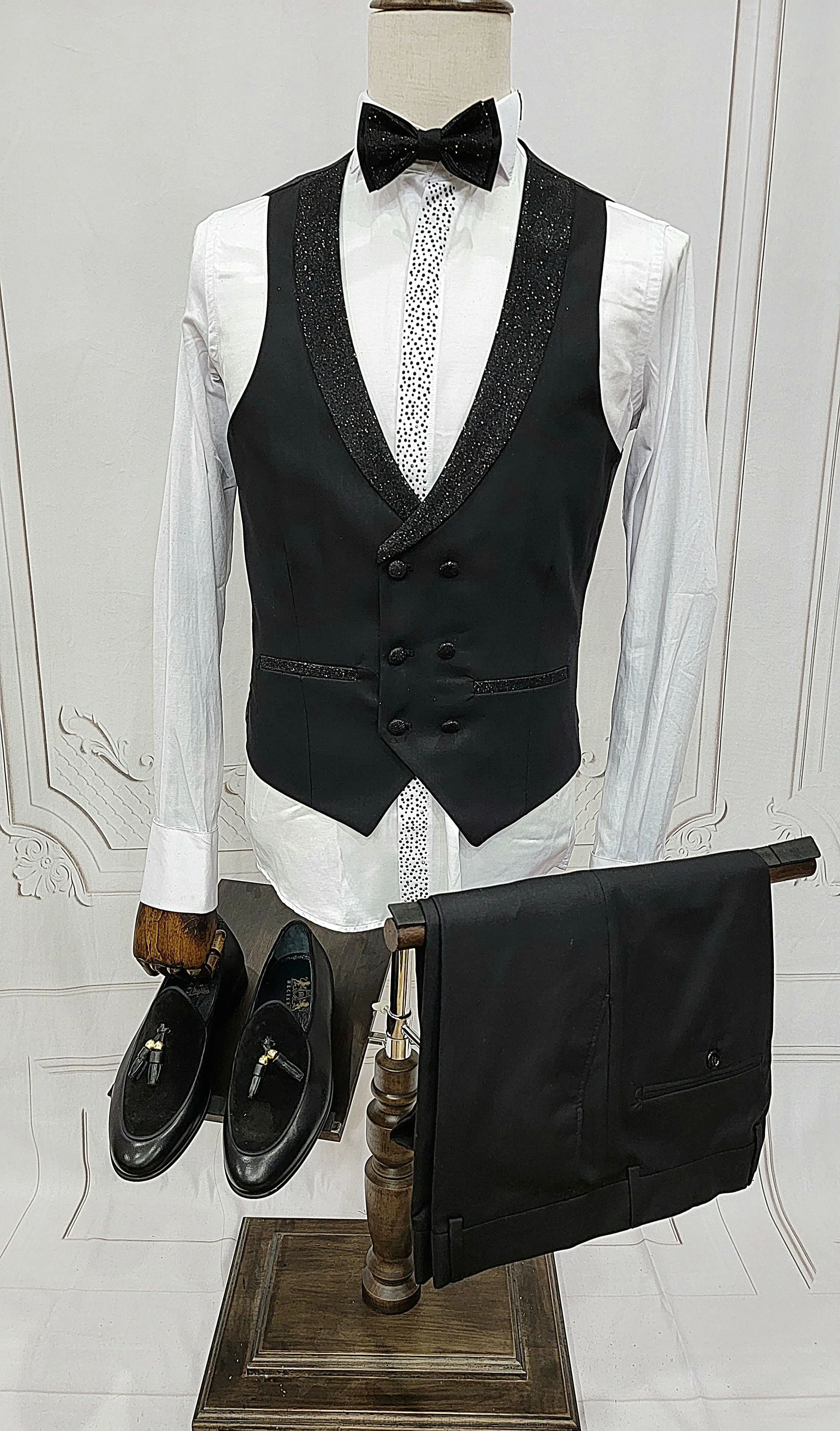 Three Pieces Tuxedo Suit with Contrasting shiny silver accent handmade sparkles, matching bow tie and Black Pants.