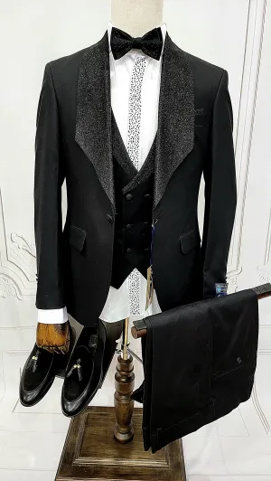 Three Pieces Tuxedo Suit with Contrasting shiny silver accent handmade sparkles, matching bow tie and Black Pants.