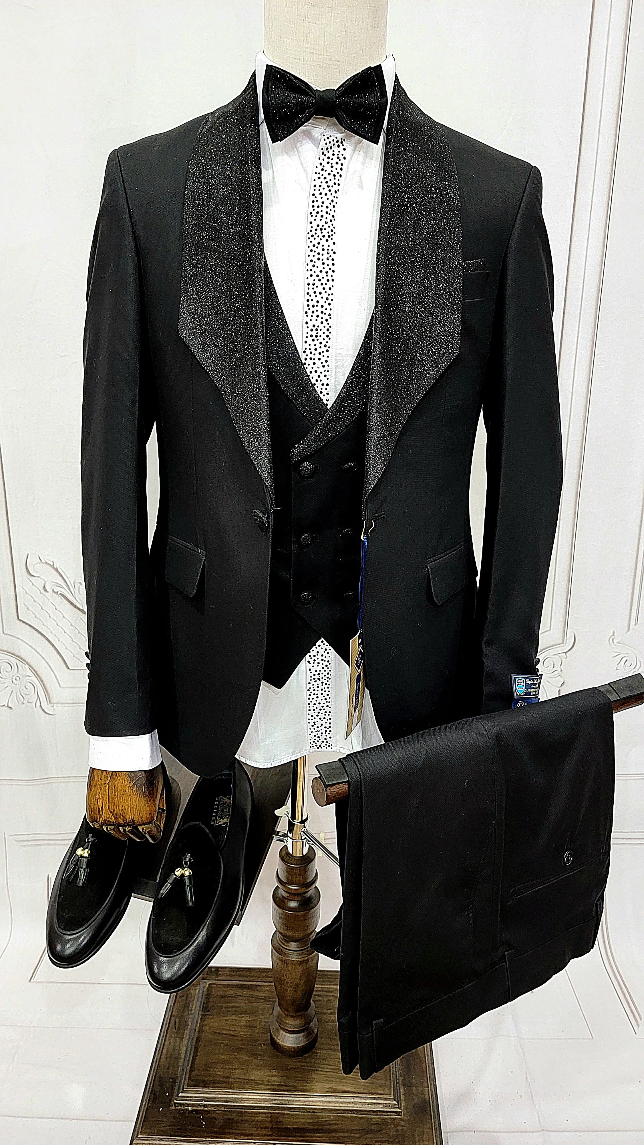 Three Pieces Tuxedo Suit with Contrasting shiny silver accent handmade sparkles, matching bow tie and Black Pants.