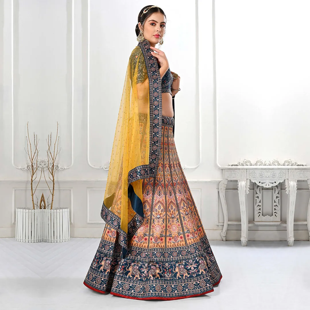 Turqoise and Yellow Embroidered Lehenga Set
