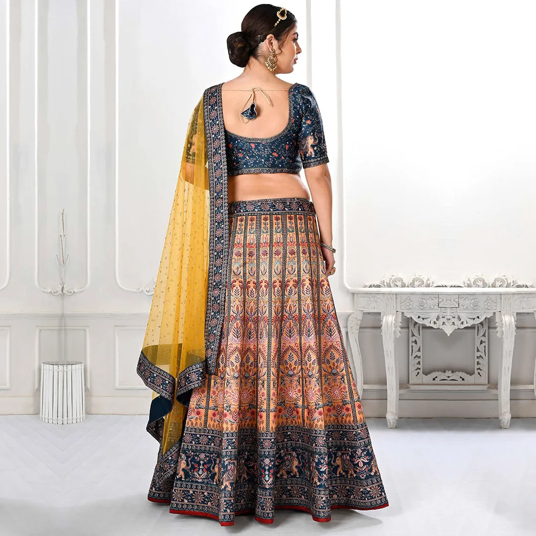 Turqoise and Yellow Embroidered Lehenga Set