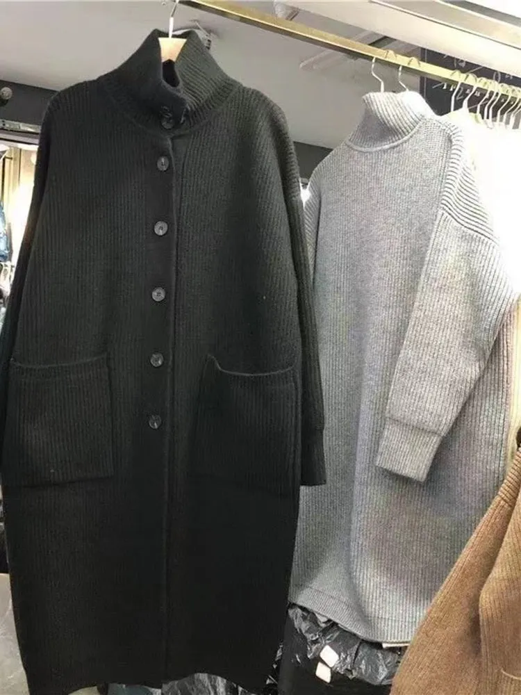 Turtleneck Knitted Cardigan Long Sweater Coat for Women