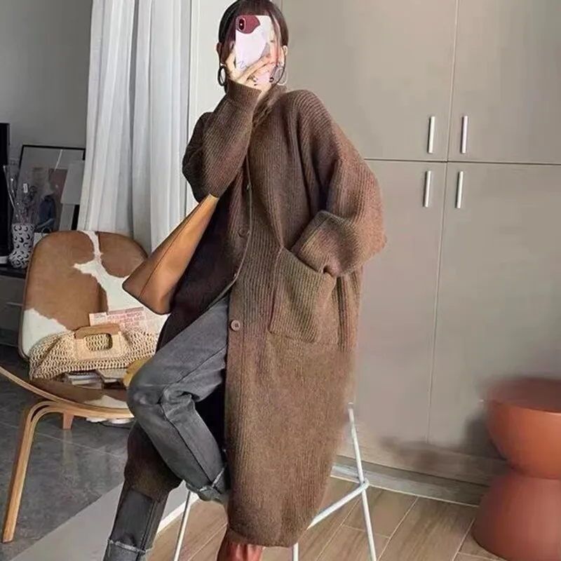 Turtleneck Knitted Cardigan Long Sweater Coat for Women