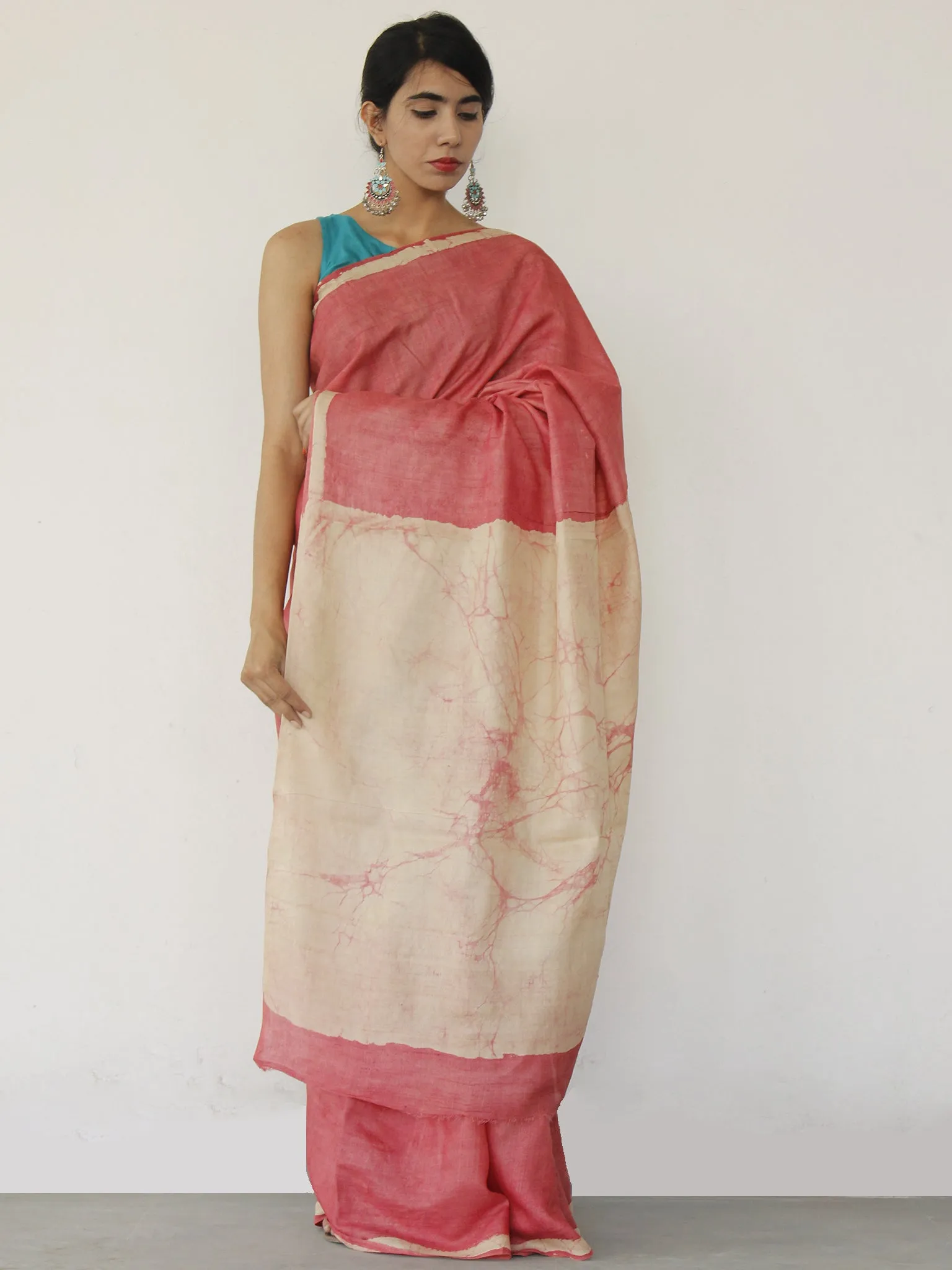 Tussar Handloom Silk Hand Block Printed Saree in Onion Pink & Ivory - S031702554