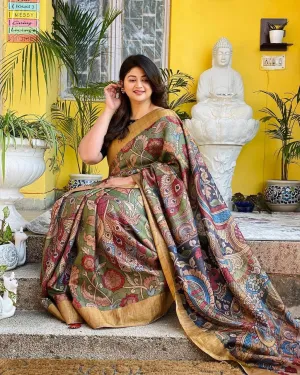 Tussar Kalamkari pure kanchi pen kalamkari Saree in kanchi border | kanchi saree | Authentic pattu Saree | Handloom Saree | pattu saree -MTO