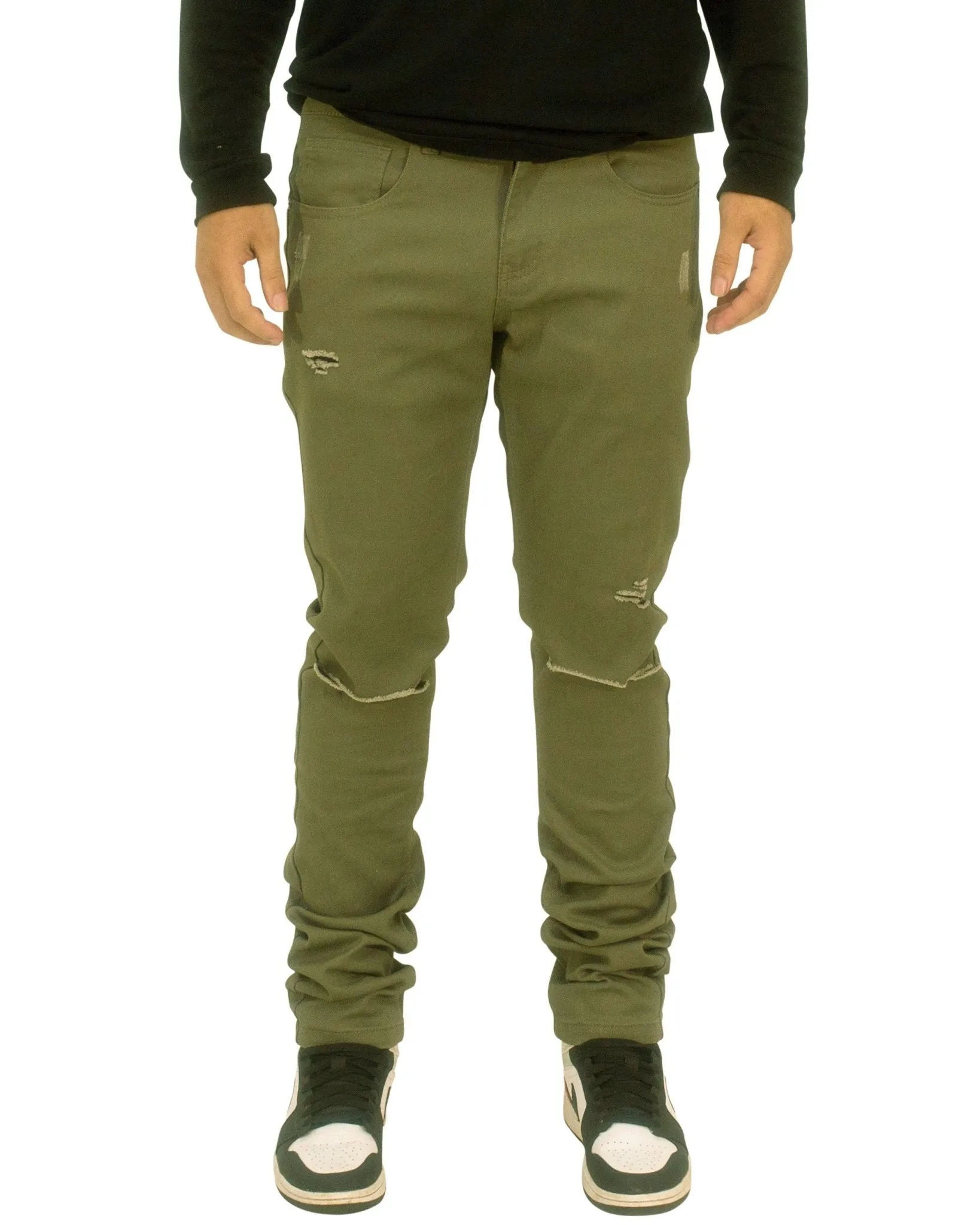 Twill Stretch Skinny Pants with Rips & Abrasions – Edgy Slim Fit