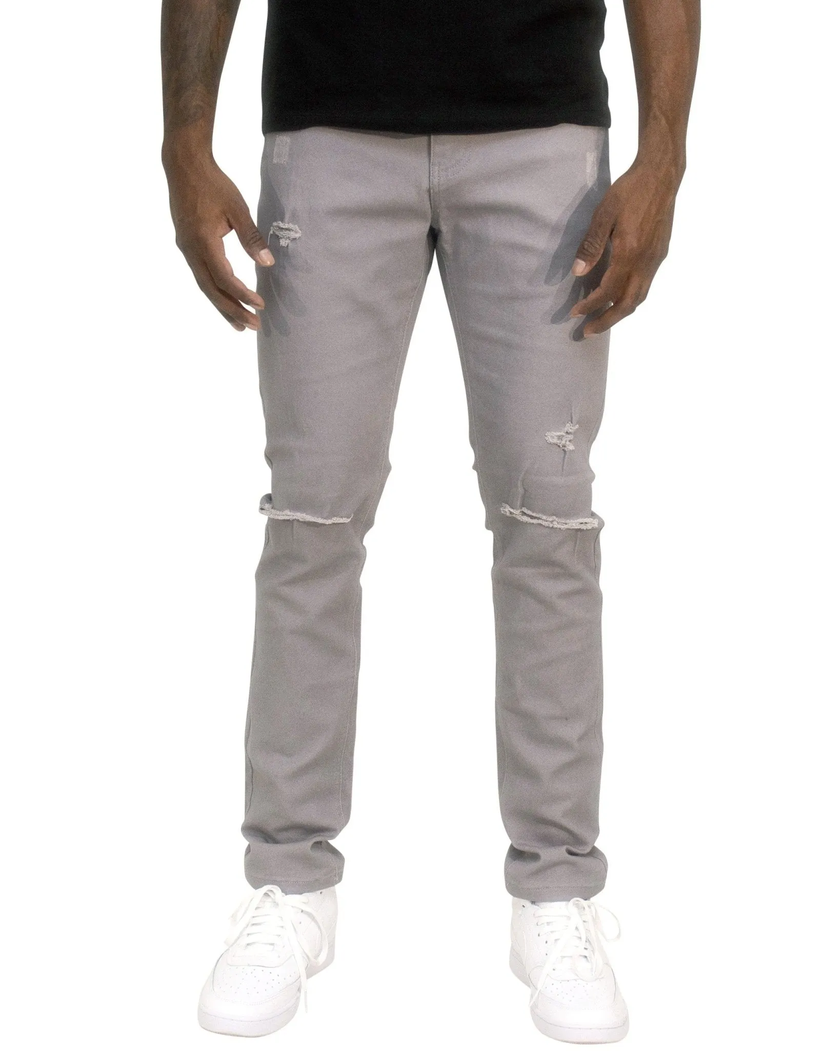 Twill Stretch Skinny Pants with Rips & Abrasions – Edgy Slim Fit