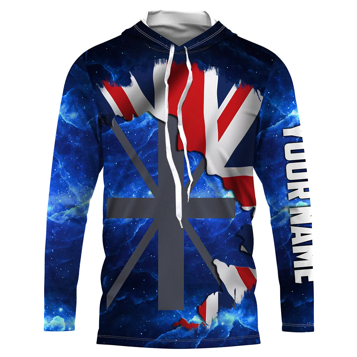 United Kingdom Flag Universe fishing Custom Name Long sleeve, Long Sleeve Hooded Fishing Shirt - NPQ655