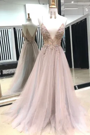 V-Neck Spaghtti Straps Light Grey-Blush Prom Dresses with Split, Beaded Prom Dresses,MP471