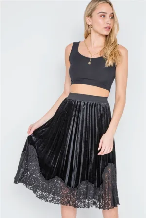 Velvet Pleated Lace Skirt | Black