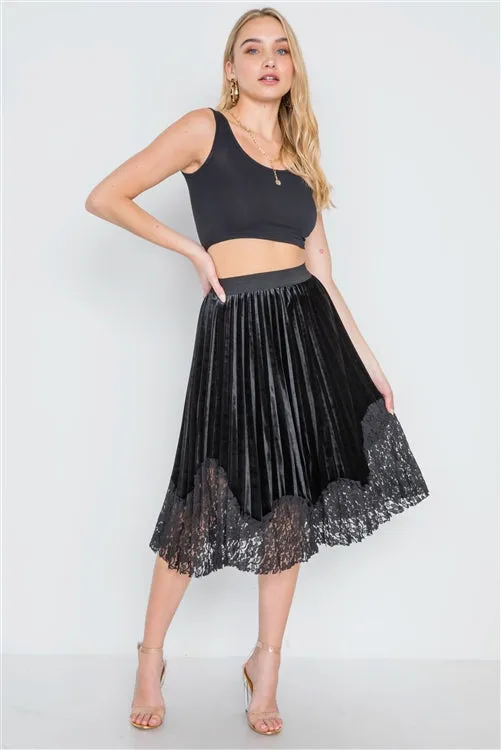 Velvet Pleated Lace Skirt | Black