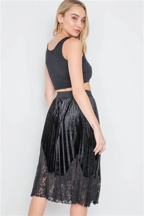 Velvet Pleated Lace Skirt | Black
