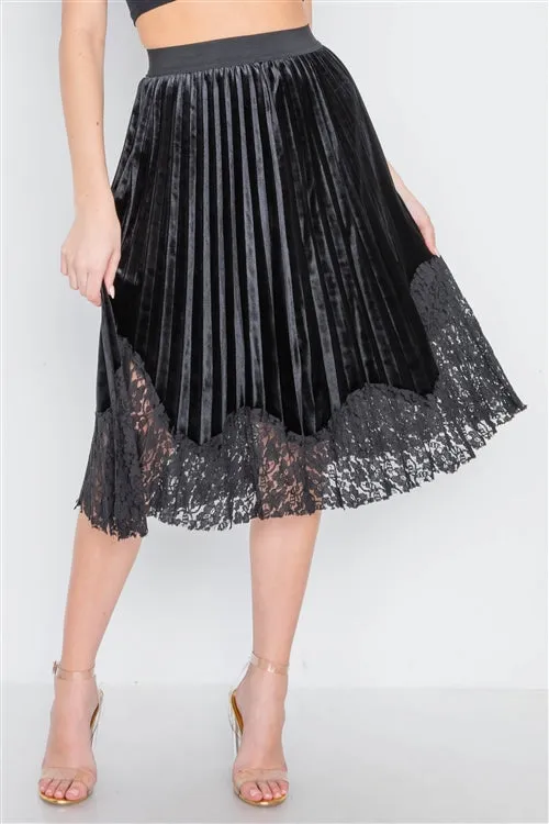 Velvet Pleated Lace Skirt | Black