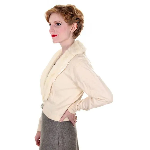 Vintage Ladies Pringle Cashmere Sweater w/ Mink Collar Cream 1950s