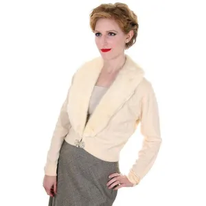 Vintage Ladies Pringle Cashmere Sweater w/ Mink Collar Cream 1950s