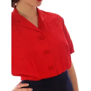 Vintage Red Raw Silk Blouse Short Sleeve  Smile Pocket Dynasty 1940s 37-29