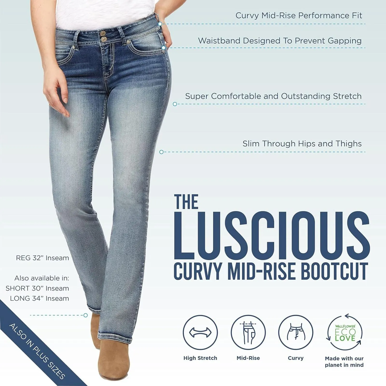 Wallflower Women's Luscious Curvy Bootcut Mid-Rise Insta Stretch Juniors Jeans