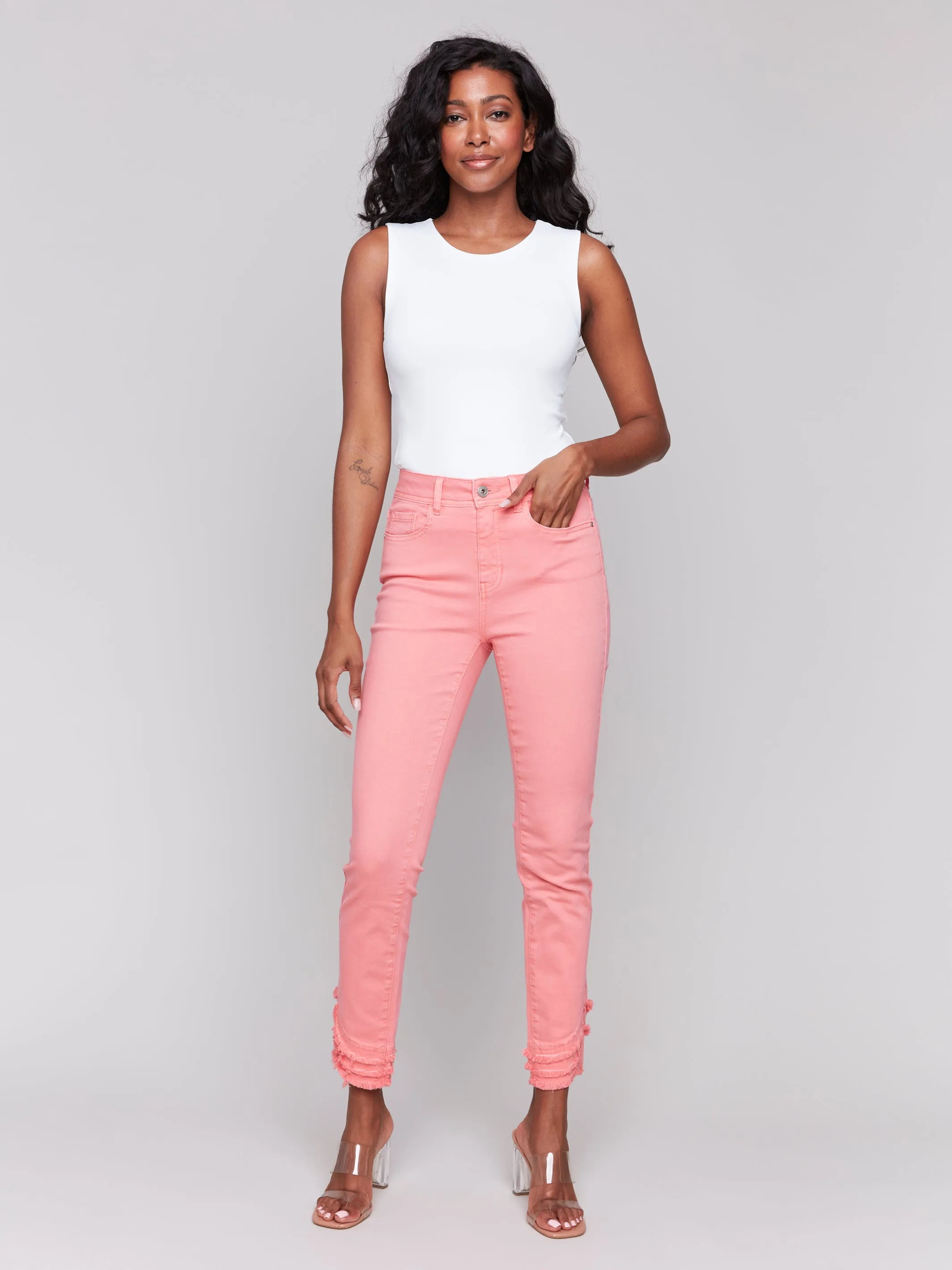 Watermelon Fringe Hem Skinny Jeans