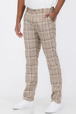 Weiv Men's Brown Plaid Slim Fit Trouser Pants